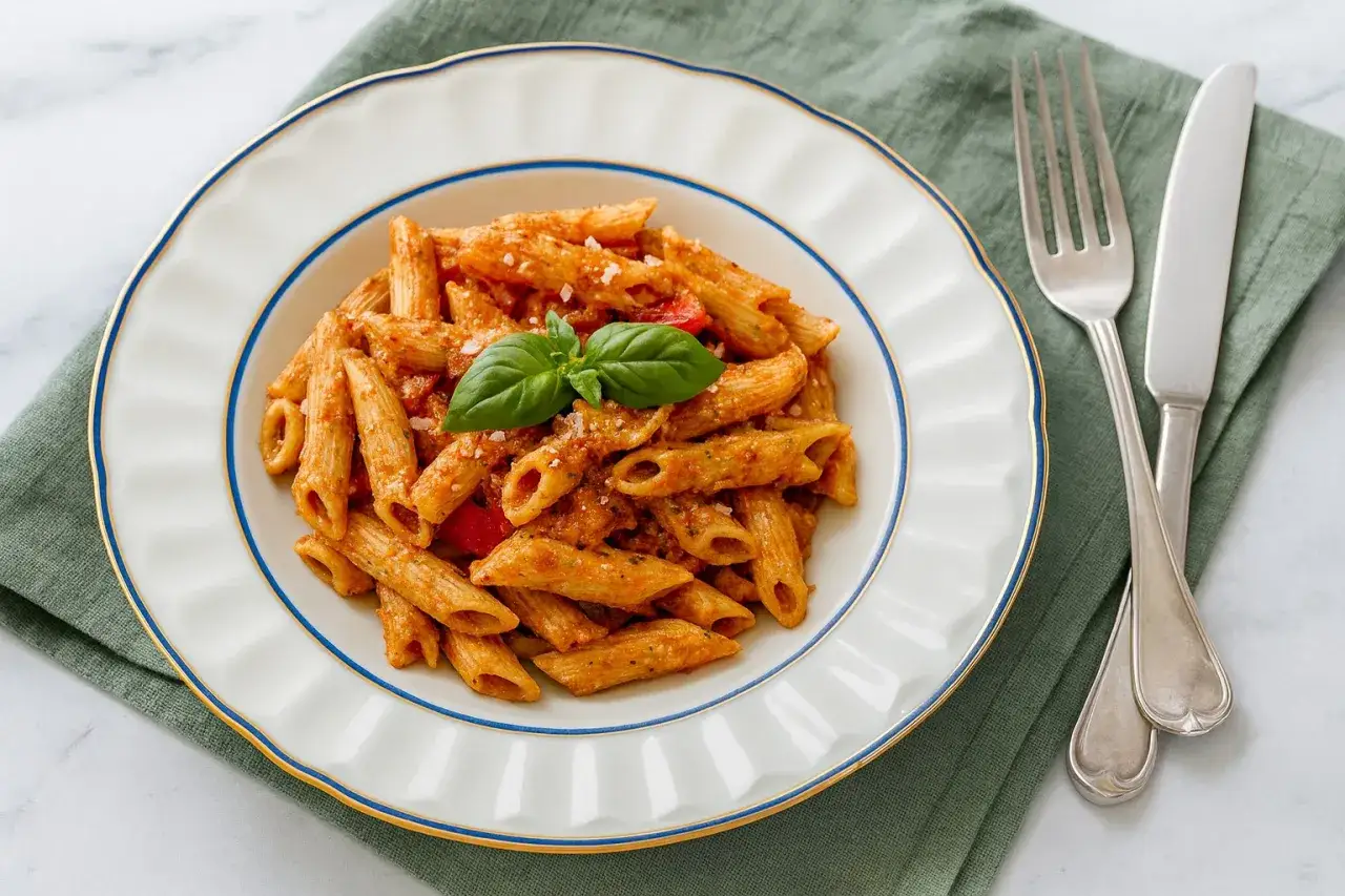 Penne mit einem k&ouml;stlichen roten Pesto, garniert mit frischem Basilikum. Ein Genuss f&uuml;r Augen und Gaumen.