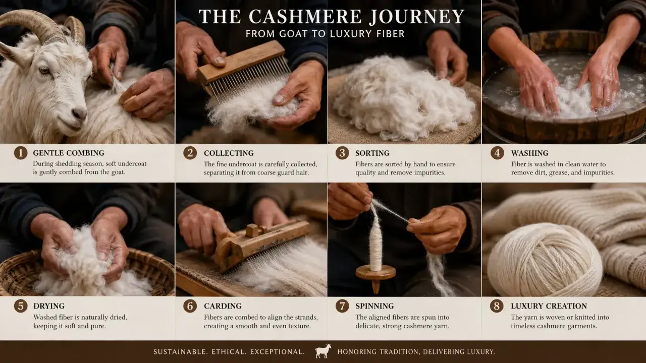 Die Reise von der Ziege zur Luxusfaser: Kaschmir wird sanft gek&auml;mmt, gesammelt, sortiert, gewaschen, getrocknet, gek&auml;mmt, gesponnen und zu Kleidung verarbeitet.