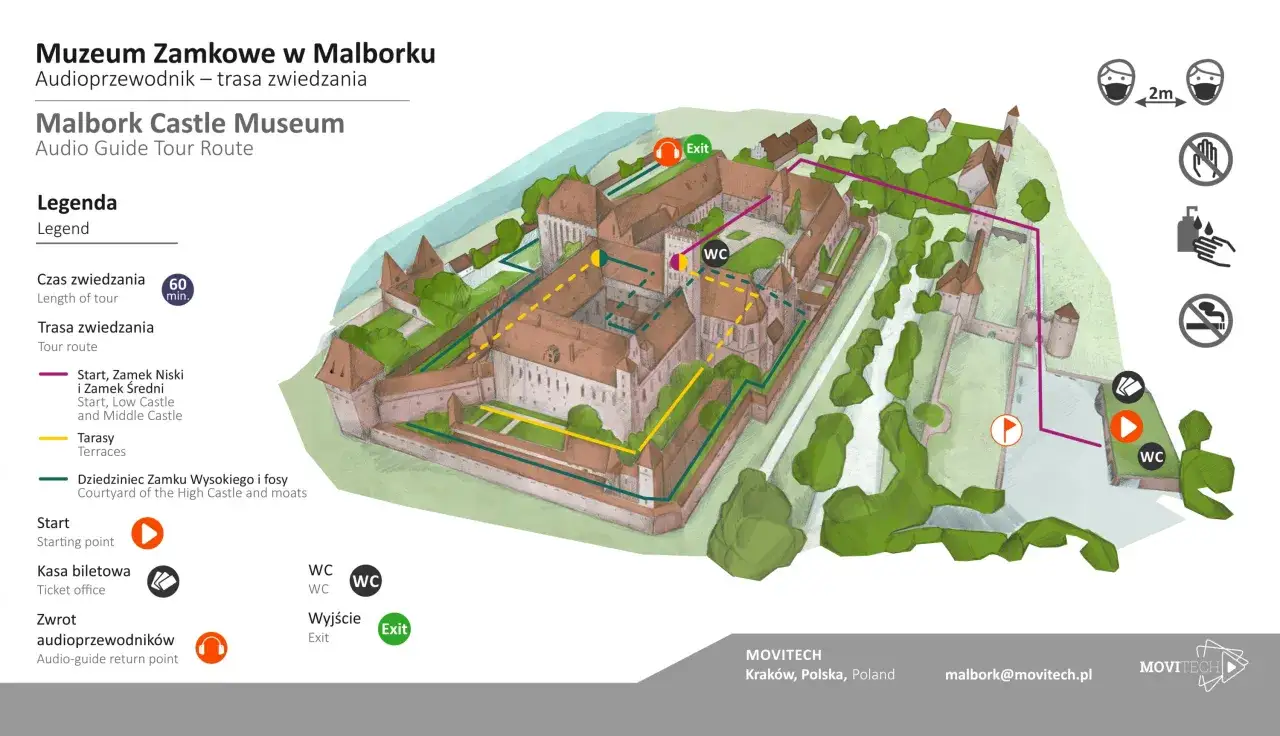 Mapa trasy zwiedzania zamku w Malborku. Czas zwiedzania to 60 minut.
