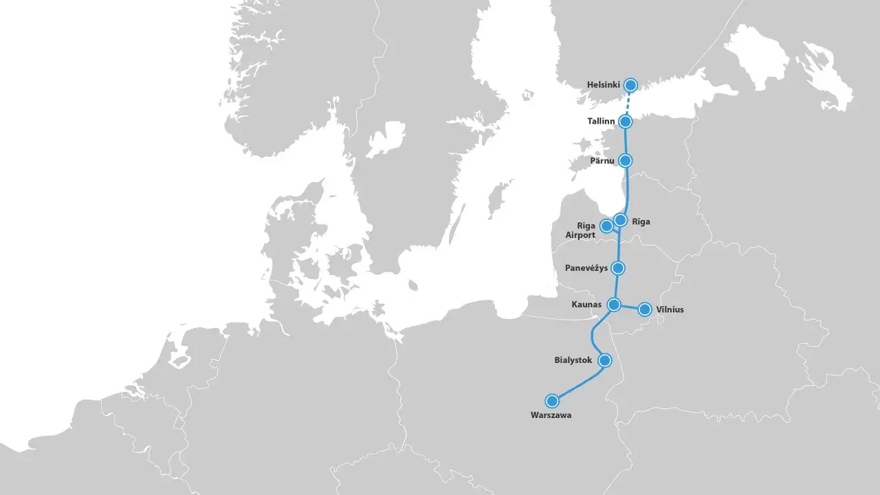 Karte zeigt eine Zugverbindung von Helsinki über Tallinn, Riga, Panevėžys, Kaunas und Vilnius bis nach Warschau.