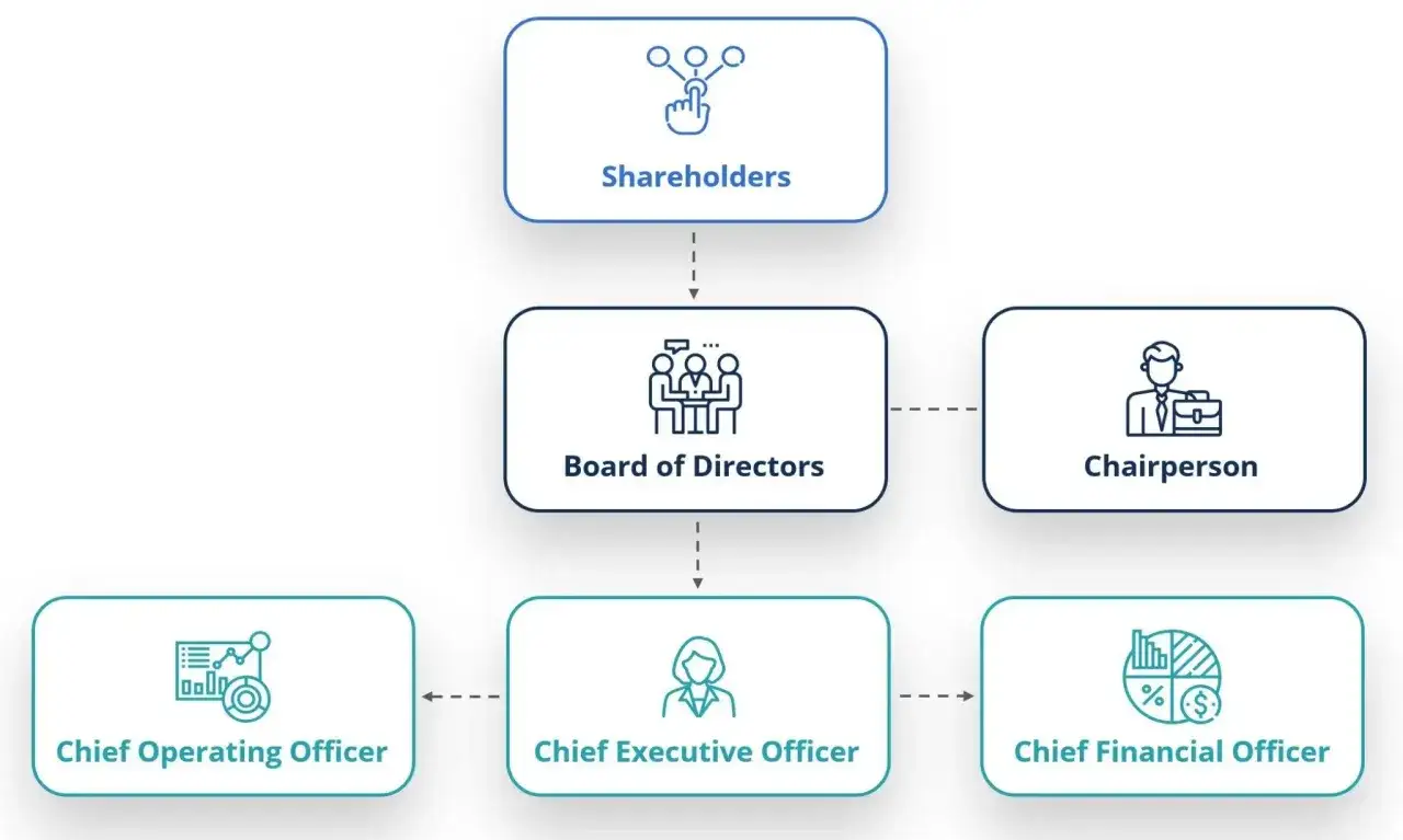 Organizational chart showing Shareholders, Board of Directors, Chairperson, CEO, COO, and CFO. These are common governance framework examples.