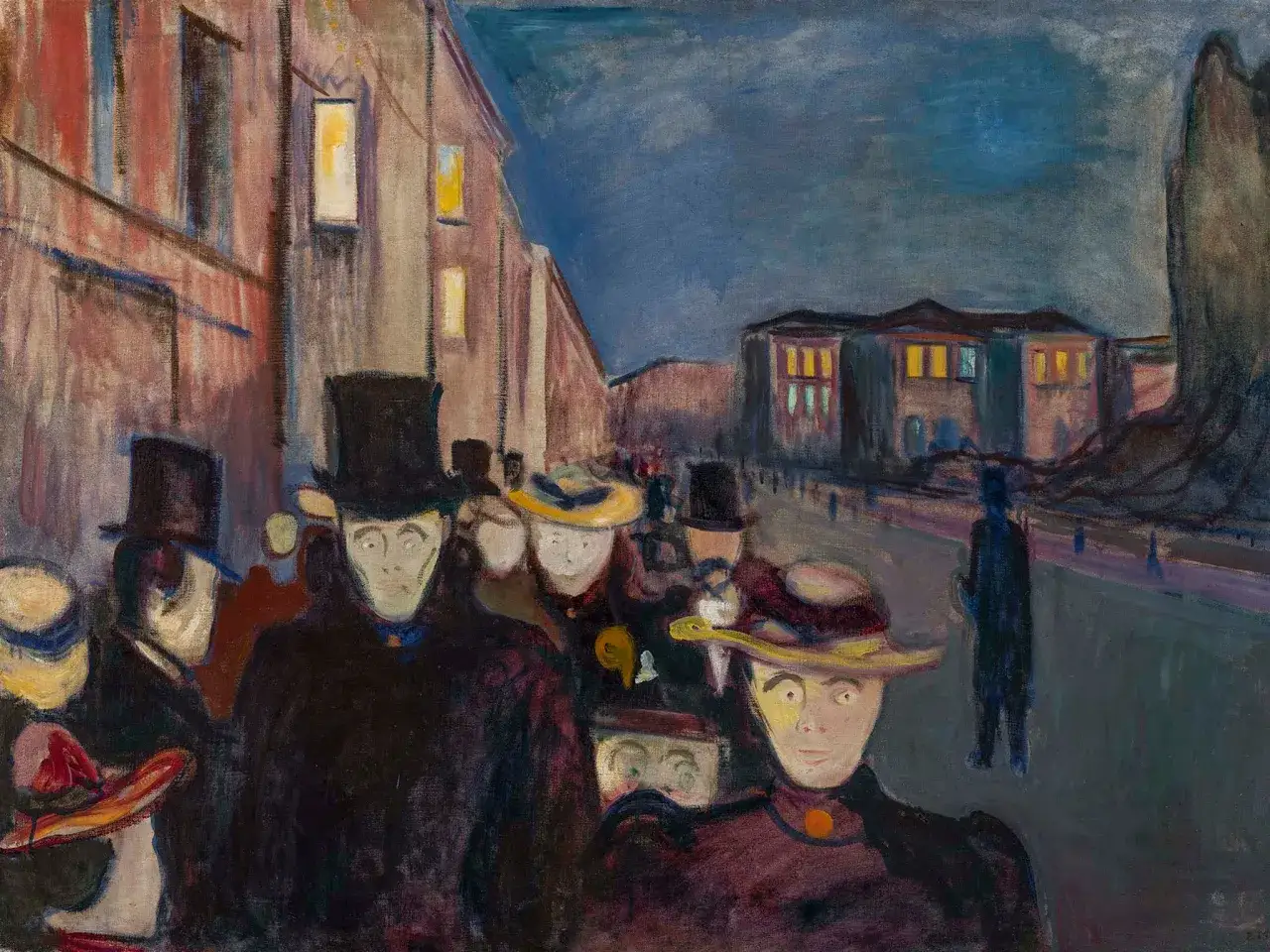 La rue nocturne d'Edvard Munch, avec des silhouettes aux visages expressifs et des b&acirc;timents &eacute;clair&eacute;s, &eacute;voque une atmosph&egrave;re troublante.