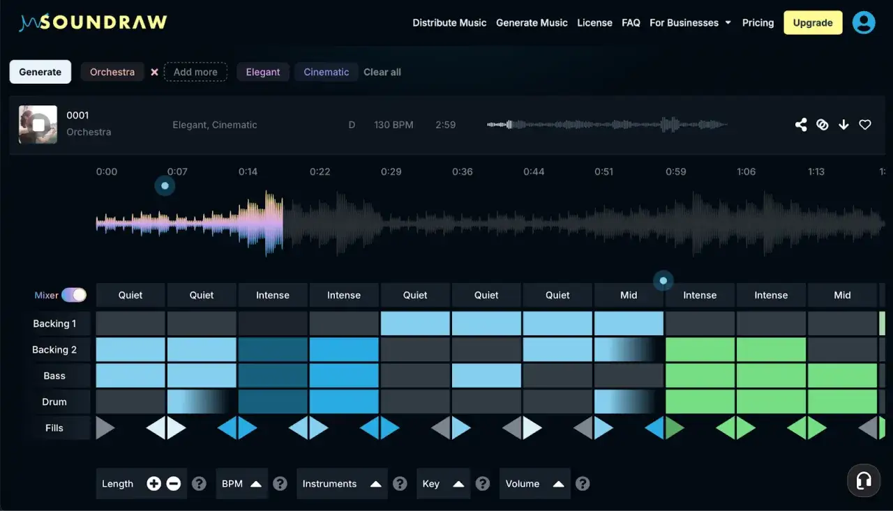 Interface d'un g&eacute;n&eacute;rateur de musique IA. L'utilisateur ajuste les pistes d'orchestre, de basse et de batterie pour cr&eacute;er une composition &eacute;l&eacute;gante et cin&eacute;matique.