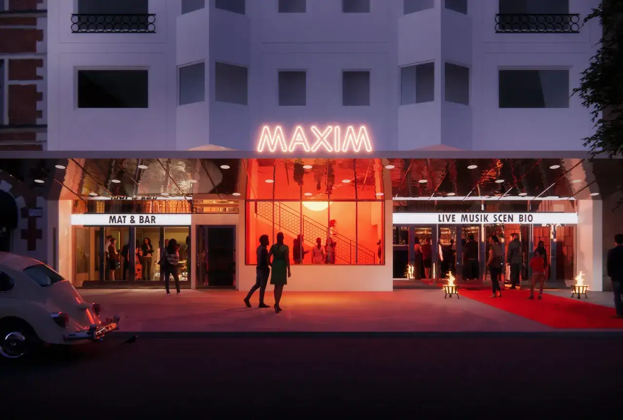 Maxim i Stockholm, en neonbelyst fasad med en r&ouml;d matta och folk som minglar.