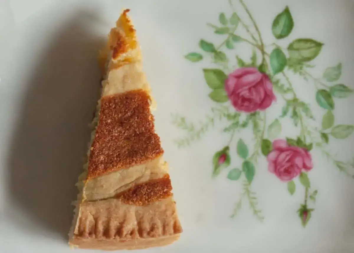 Ein St&uuml;ck Pastiera Napoletana, ein traditioneller italienischer Kuchen, auf einem Teller mit Rosenmuster. Das Rezept f&uuml;r diesen Genuss ist ein Geheimnis vieler Familien.