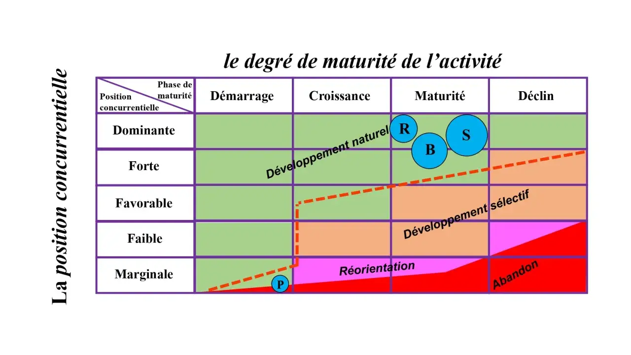 Matrice ADL montrant le degr&eacute; de maturit&eacute; de l'activit&eacute; face &agrave; la position concurrentielle. Des zones indiquent le d&eacute;veloppement naturel, s&eacute;lectif, la r&eacute;orientation et l'abandon.