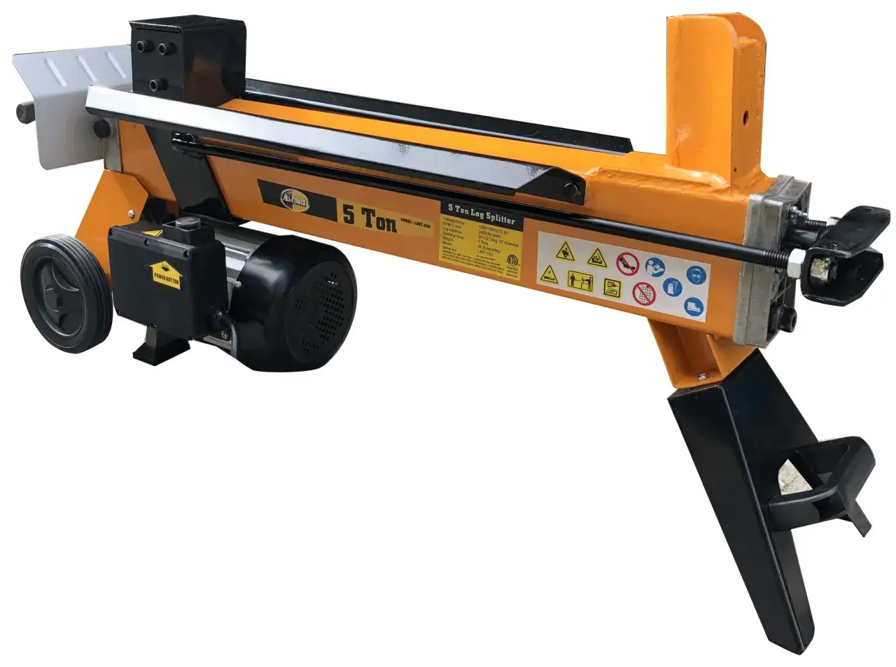 Ein orangefarbener, mobiler Holzspalter mit R&auml;dern und einem Elektromotor. Er ist bereit, Holz f&uuml;r den Kamin zu spalten.