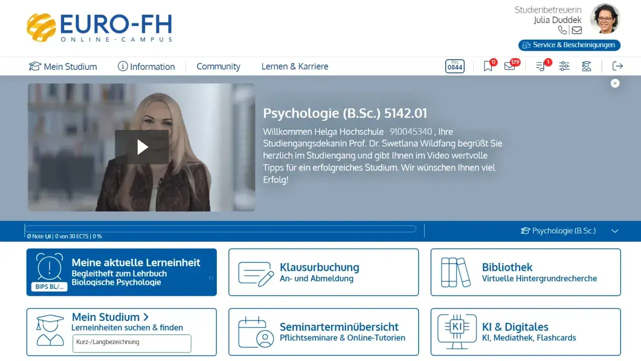 EURO-FH Online-Campus: Psychologie (B.Sc.) mit Tipps f&uuml;r erfolgreiches Studium. Klausurbuchung und weitere Services sind verf&uuml;gbar.