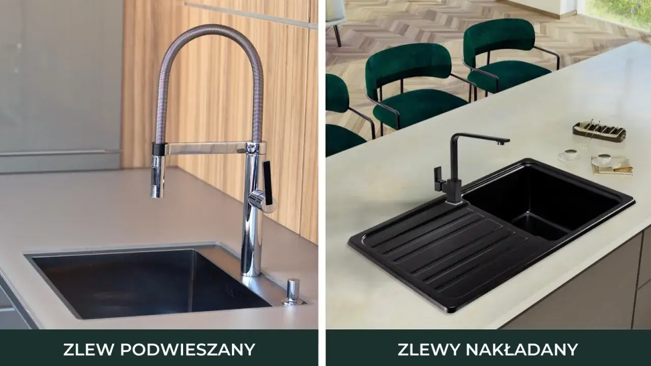 Dwa zlewy kuchenne: podwieszany chromowany z elastyczną wylewką i czarny nakładany dwukomorowy.