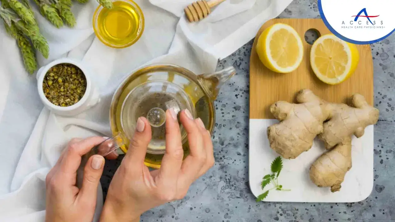 Mani versano t&egrave; alla camomilla, limone e zenzero, ingredienti per il miglior ansiolitico naturale.