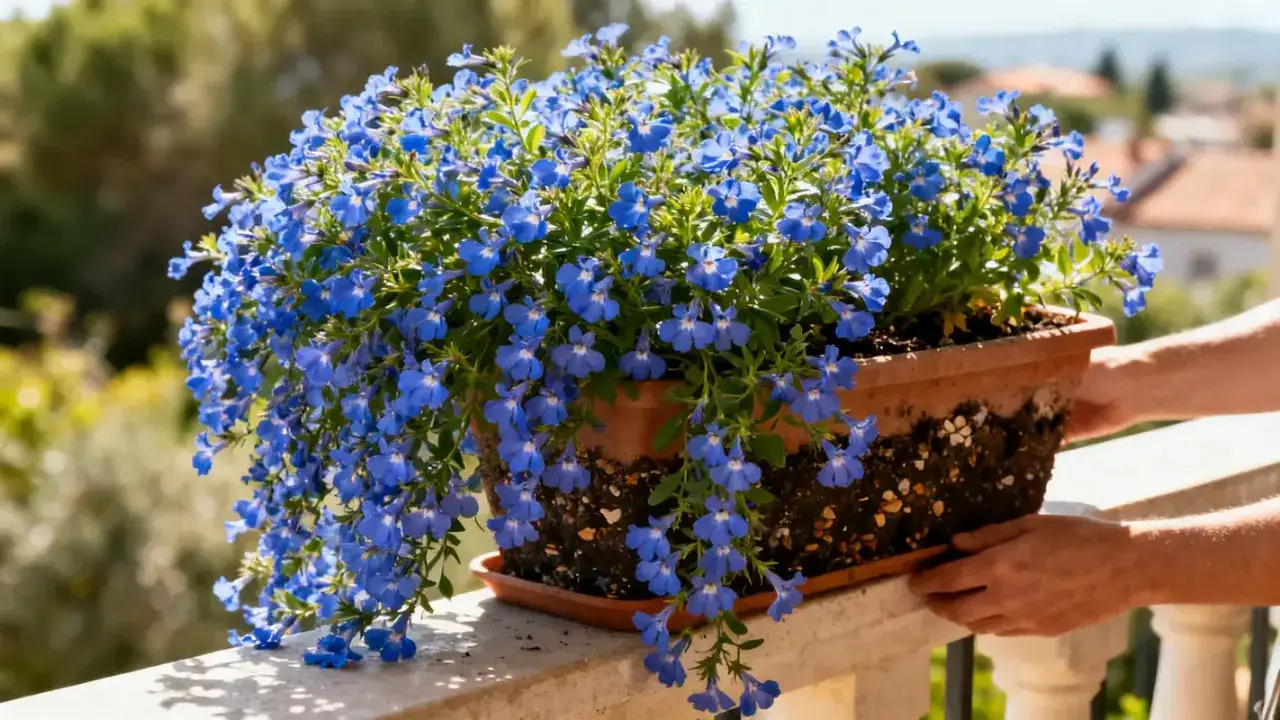 Un pot de clématite débordant de fleurs bleues éclatantes, posé sur un balcon ensoleillé.