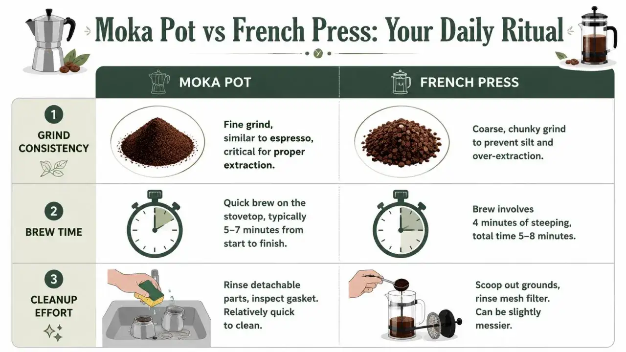 Porównanie Moka Pot i French Press: drobne mielenie do Moka Pot, grube do French Press. Kawa pazona z obu metod.