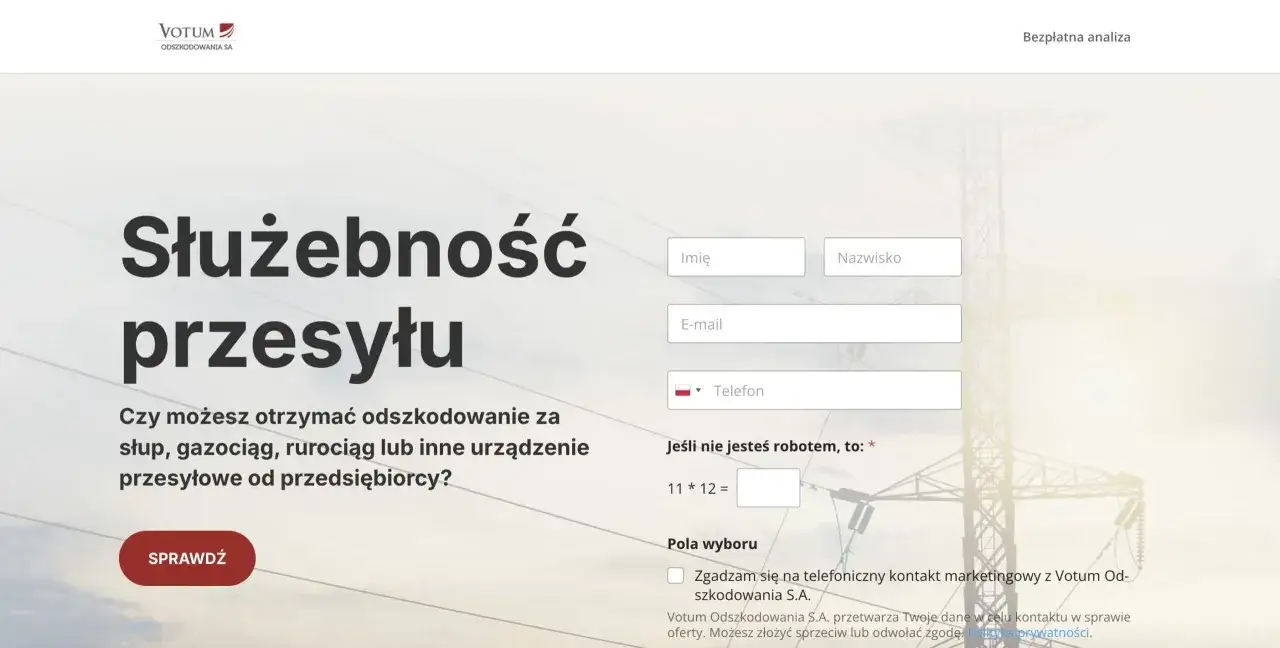 Dowiedz się, ile żądać za służebność przesyłu. Formularz kontaktowy Votum Odszkodowania S.A. z pytaniem o odszkodowanie za infrastrukturę przesyłową.
