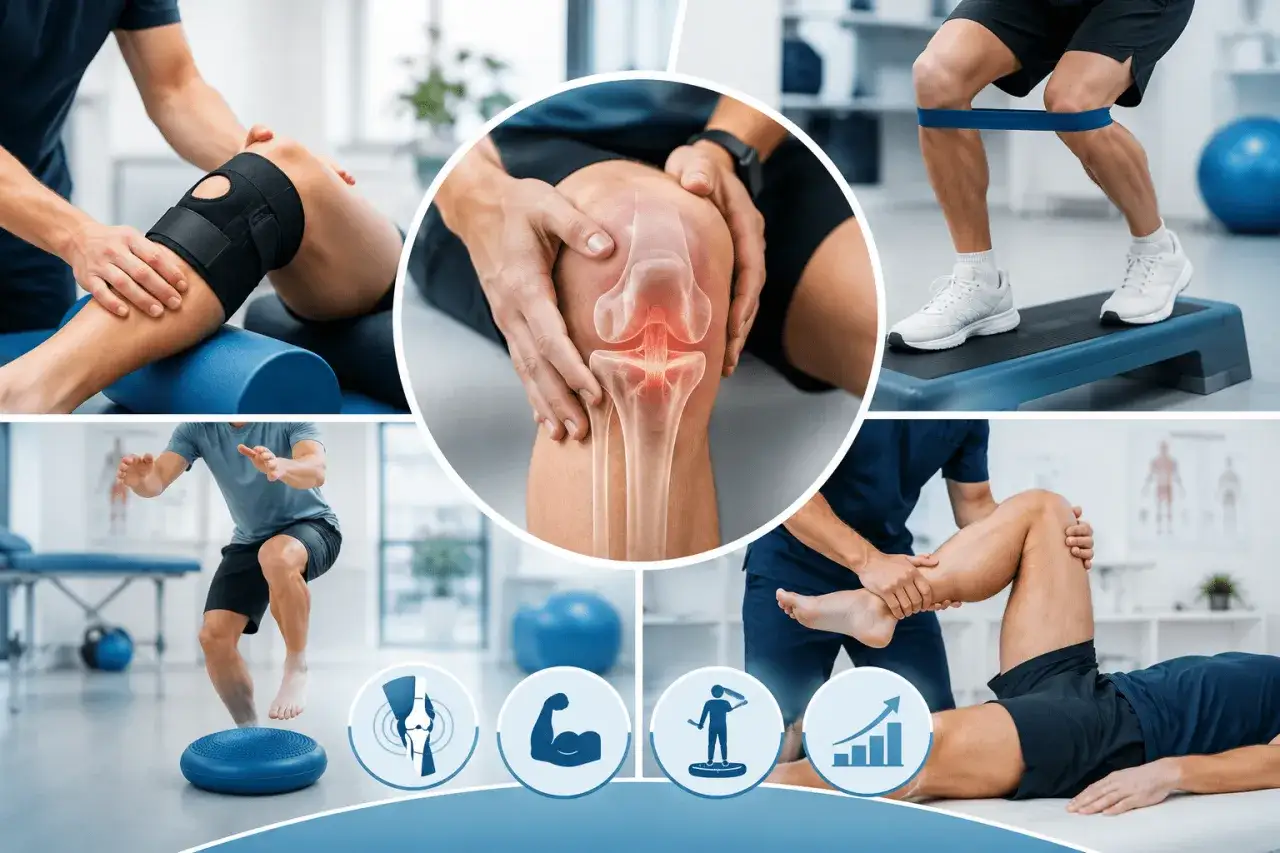 Rehabilitacja po urazie acl kolano: ćwiczenia z taśmą, balans na poduszce, masaż. Ikony symbolizują siłę i postęp.