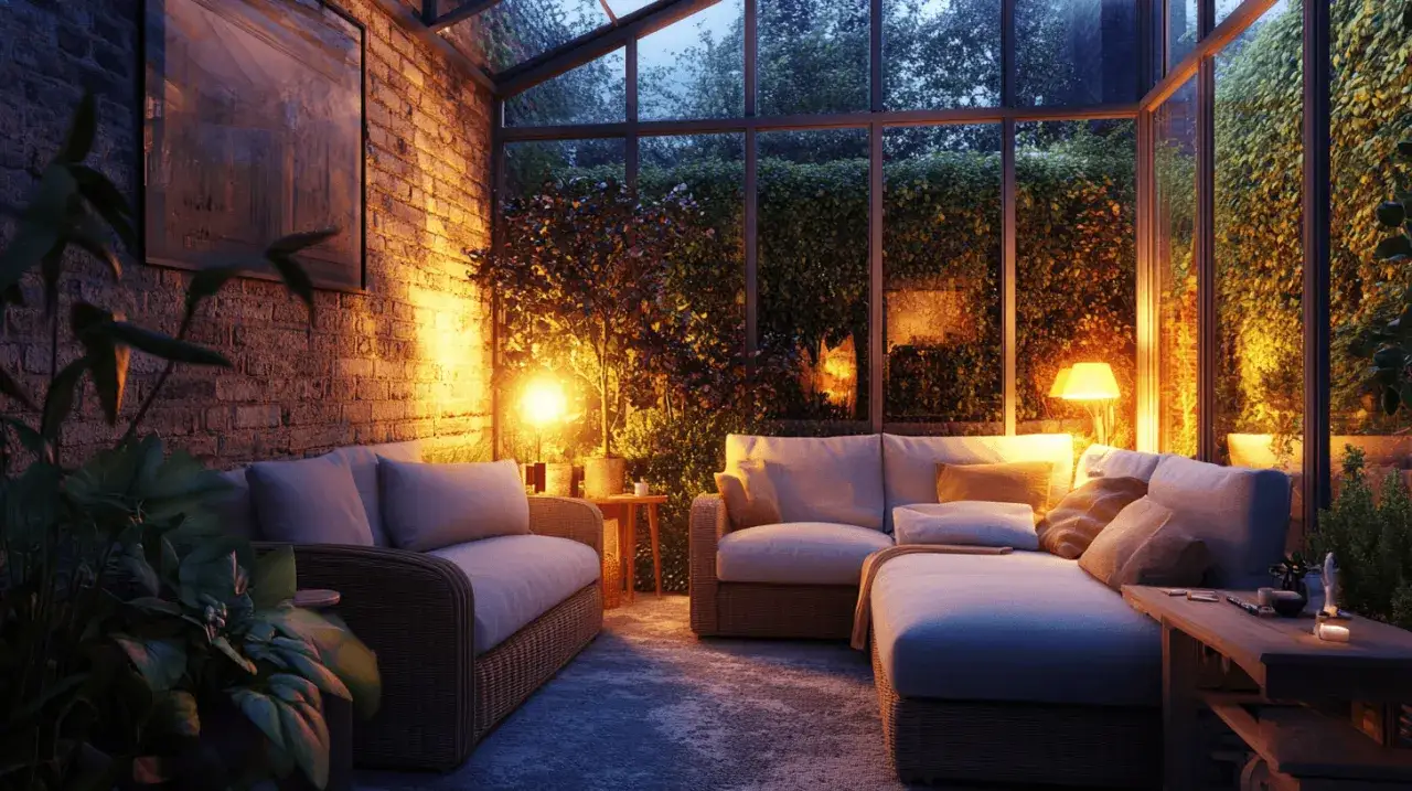 Gemütliches Ambiente im Wintergarten: Sofas, Pflanzen und warme Beleuchtung laden zum Entspannen ein. Perfekt, um den Wintergarten einzurichten.