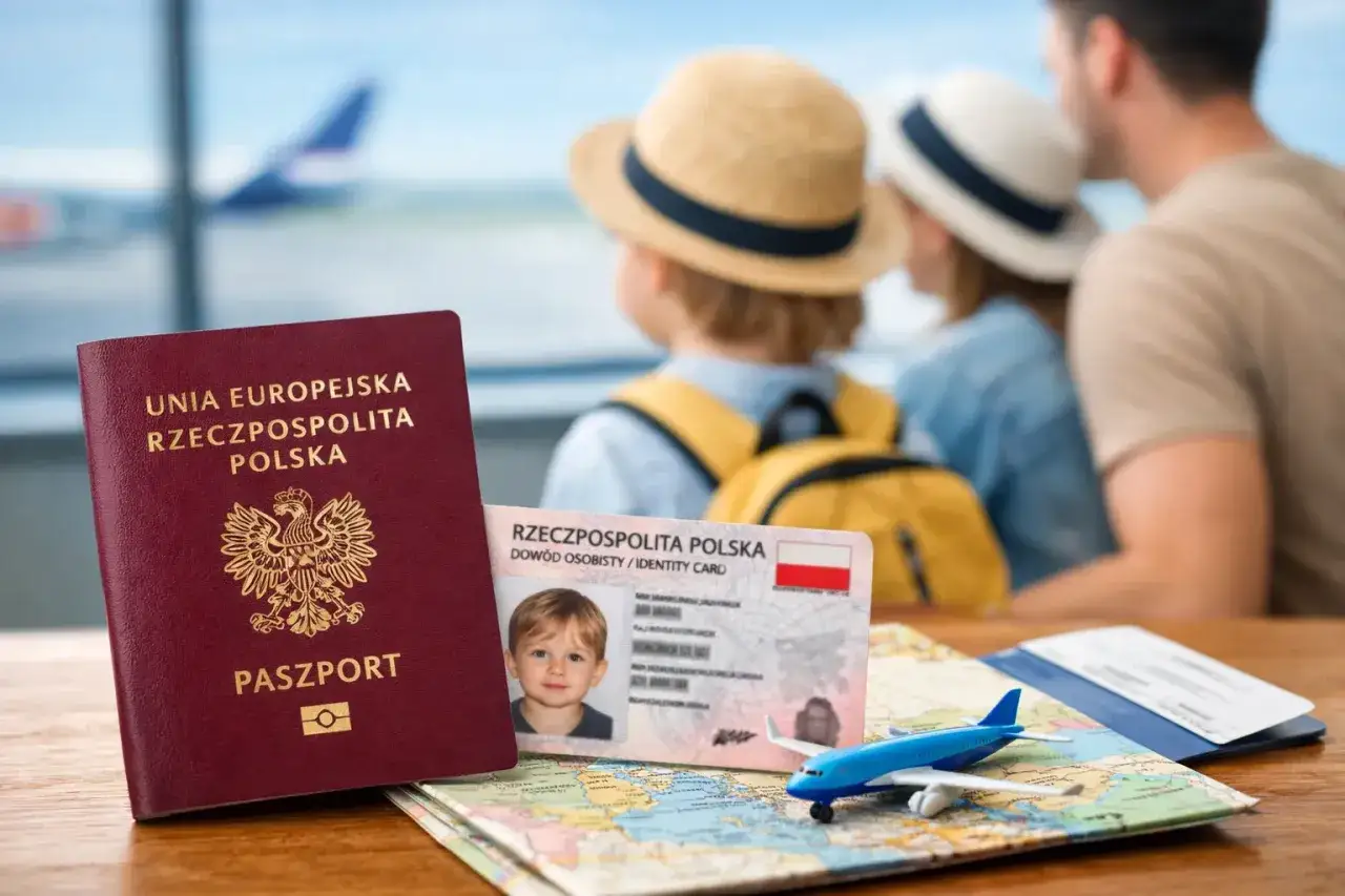 Paszport i dowód tożsamości strefy eog na stole, w tle rodzina z dziećmi w hali odlotów.
