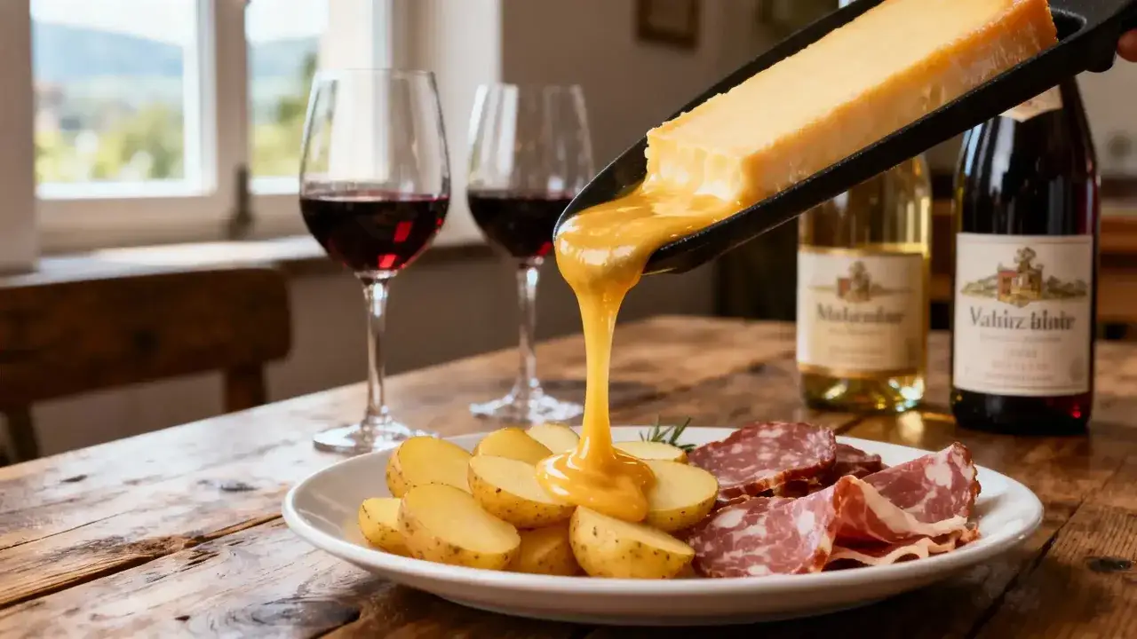 Raclette fondant sur des pommes de terre et charcuterie, accompagn&eacute; de vin d'Alsace. Un d&eacute;lice pour les papilles.