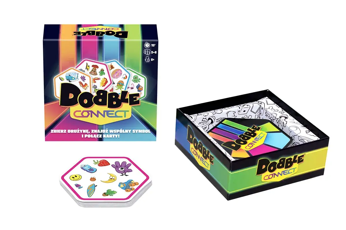Gra Dobble Connect: kolorowe pudełko, otwarte pudełko z kartami i stos kart. Zasady gry są proste: znajdź wspólny symbol.