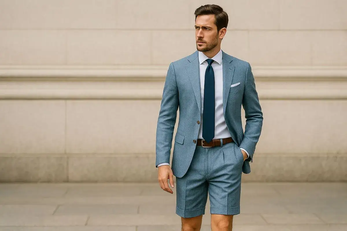 Uomo con abito uomo con bermuda blu, camicia bianca, cravatta blu scuro e cintura marrone, in piedi davanti a un muro di pietra.