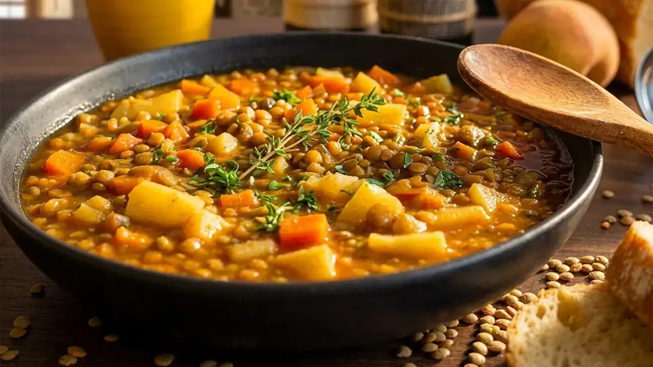 Un reconfortante plato de lentejas con sobrasada, patatas y zanahorias, adornado con tomillo fresco.