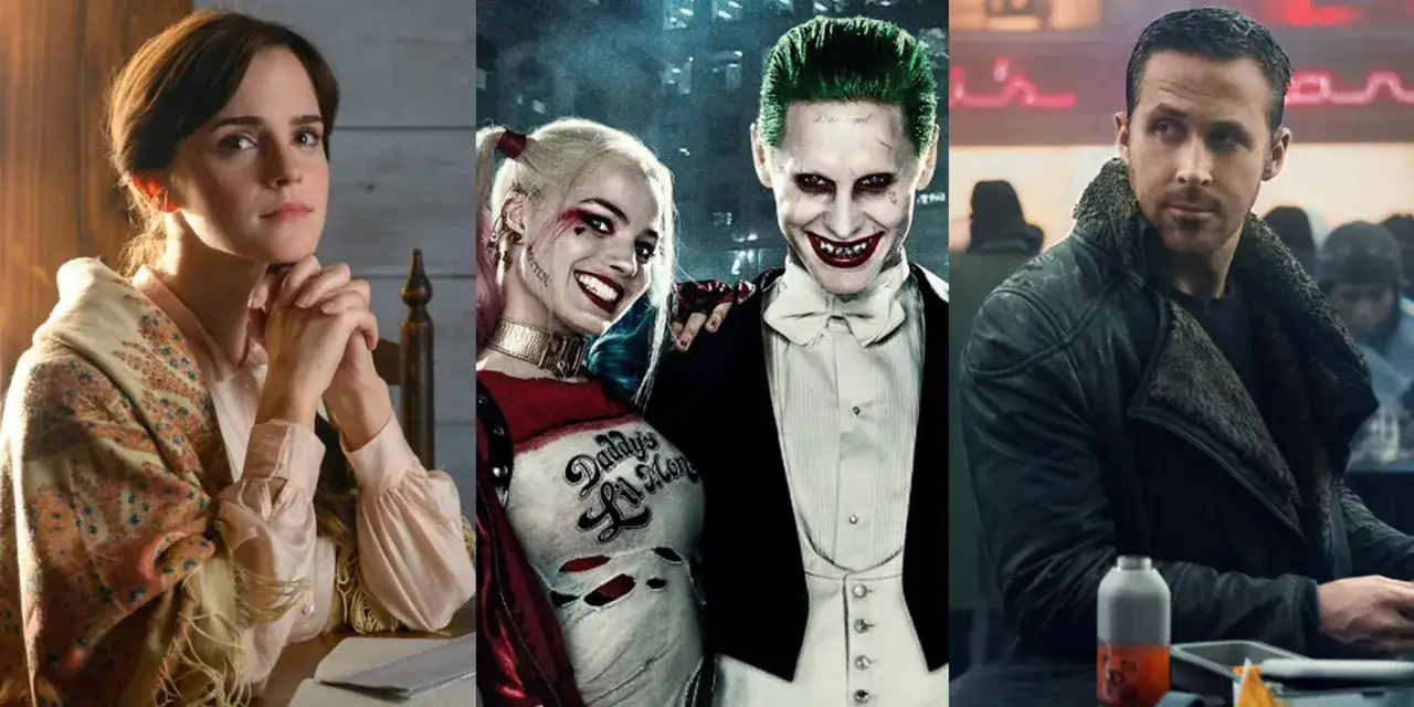 Triptyque de films : Emma Watson, le Joker et Harley Quinn, et Ryan Gosling.