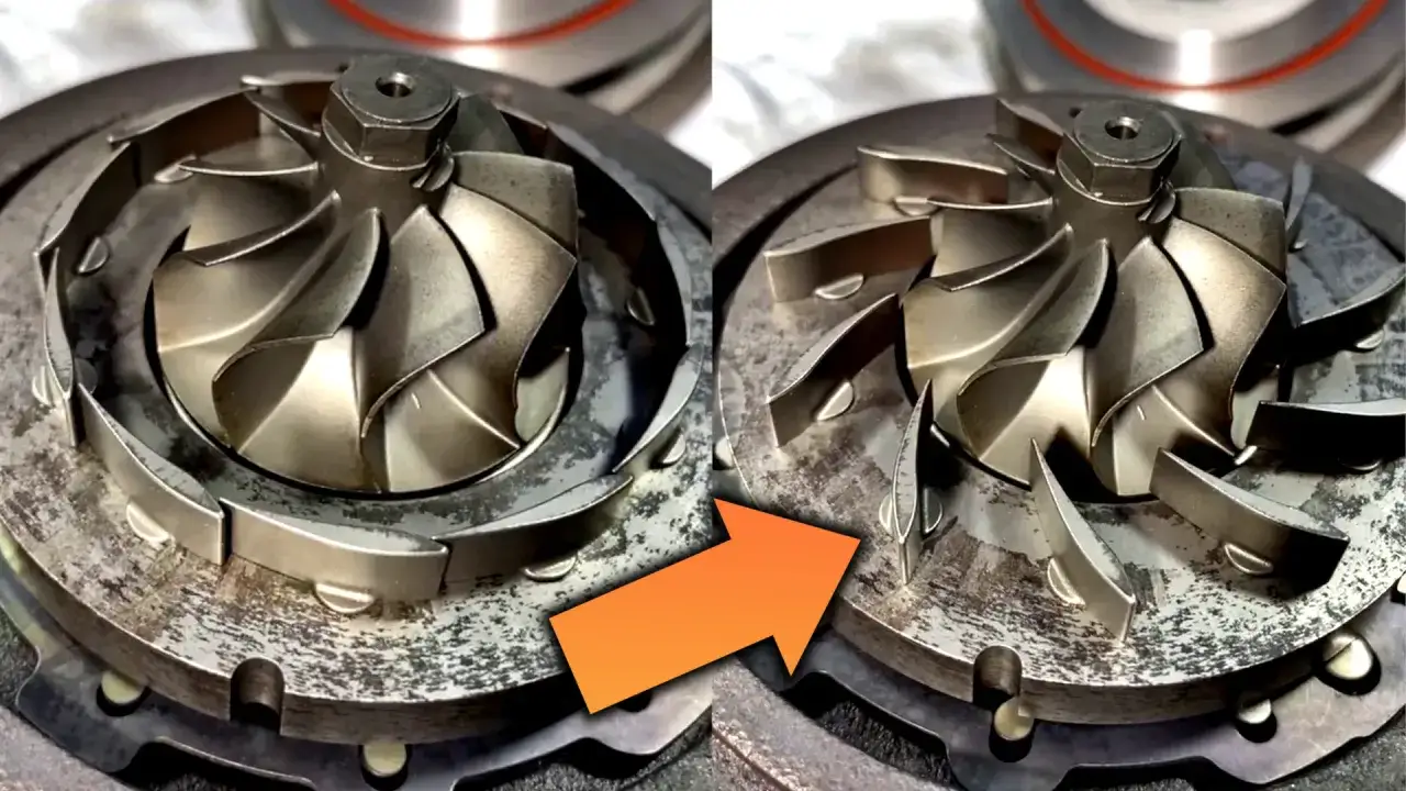 Widok turbosprężarki ze zmienną geometrią. Po lewej łopatki w pozycji spoczynkowej, po prawej po aktywacji.