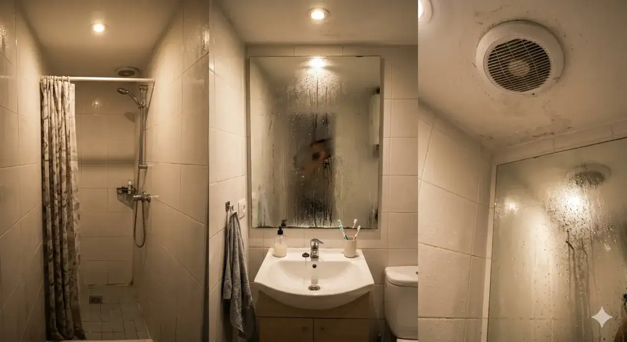 Baño con humedad y moho en el techo, espejo empañado. Consejos para sacar la humedad del baño sin ventilación.
