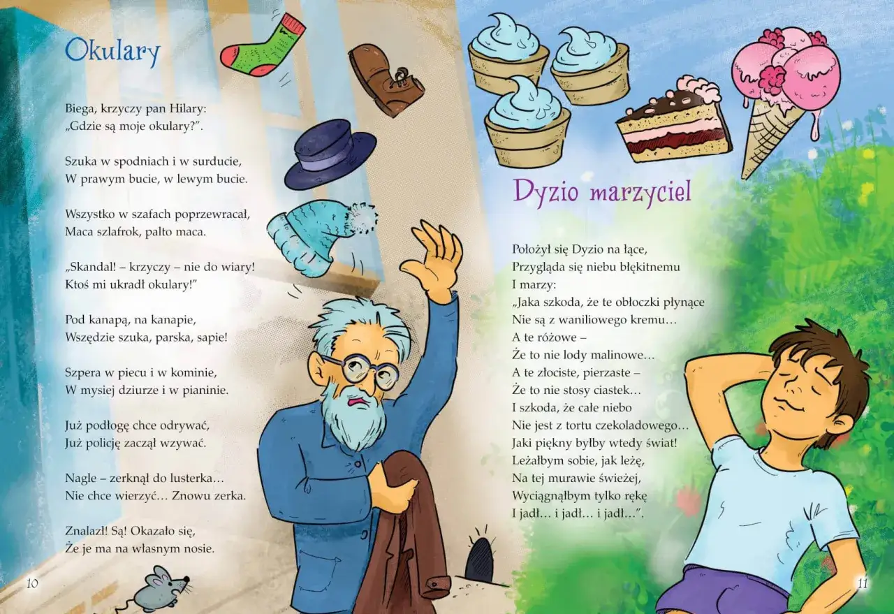 Ilustracja do wierszy Juliana Tuwima dla dzieci. Pan szuka okularów, a chłopiec marzy o deserach.