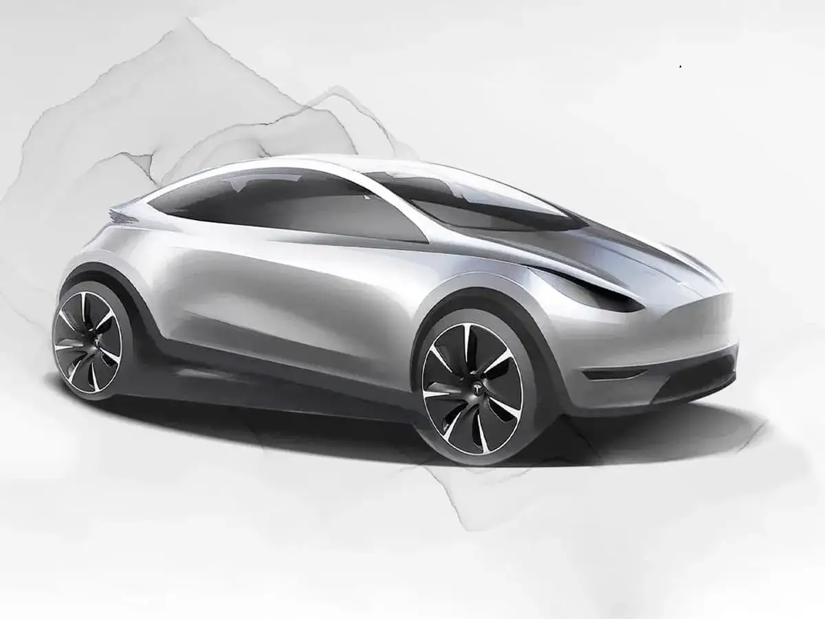 Srebrny szkic koncepcyjny samochodu Tesla Model 2, z futurystycznym designem i aerodynamiczną sylwetką.