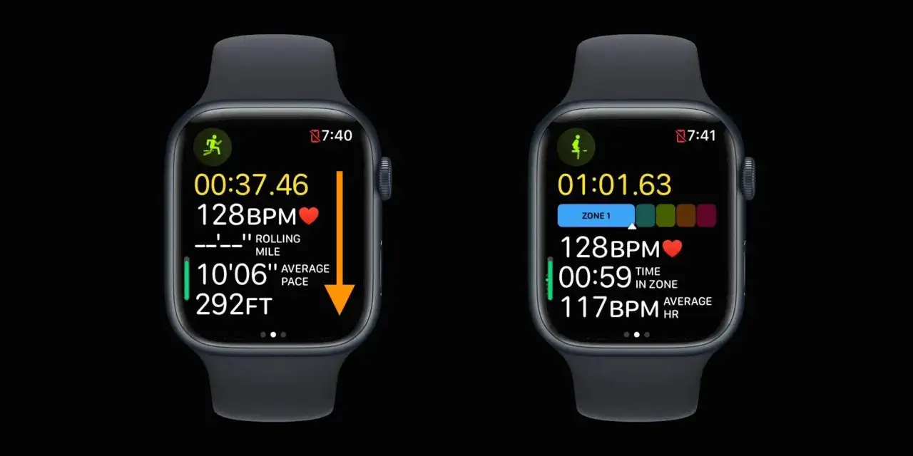 Zwei Smartwatches zeigen Trainingsdaten an. Eine zeigt 128 BPM, die andere 117 BPM, was auf eine gute Herzfrequenz für das Training hindeutet, aber die maximale Herzfrequenz ist nicht erreicht.