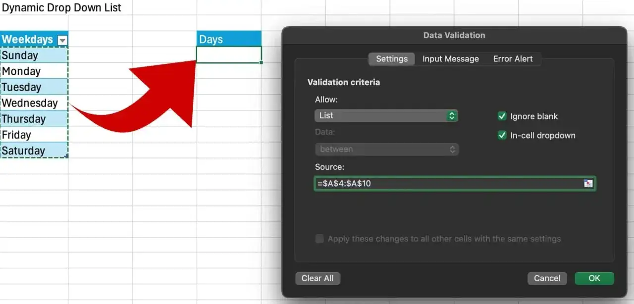 Excel-Tabelle zeigt eine dynamische Dropdown-Liste f&uuml;r Wochentage, konfiguriert &uuml;ber 