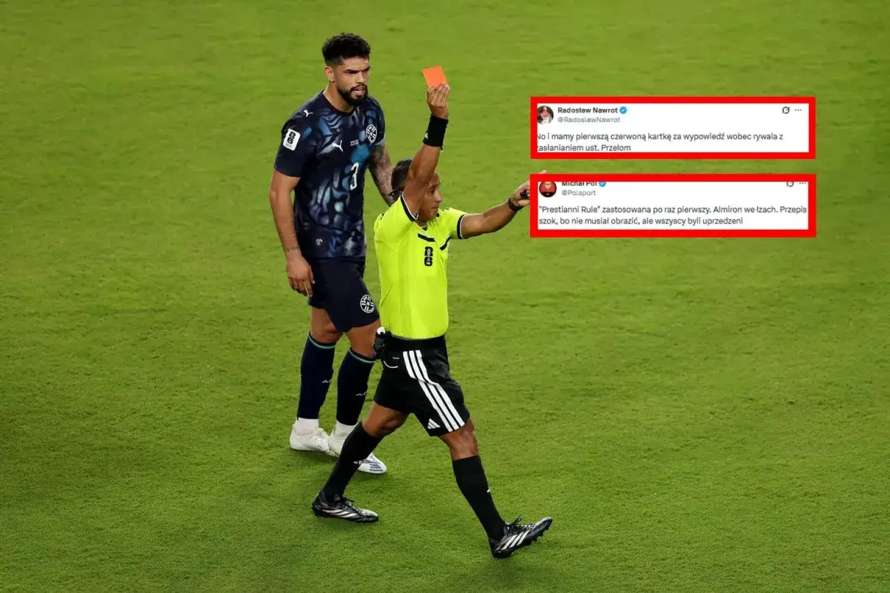 Sędzia pokazuje czerwoną kartkę w piłce nożnej. Zawodnik patrzy z niedowierzaniem.