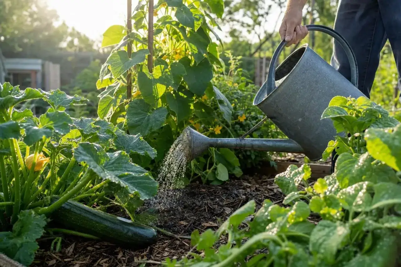 Un jardinier arrose des courgettes avec un arrosoir. La question 