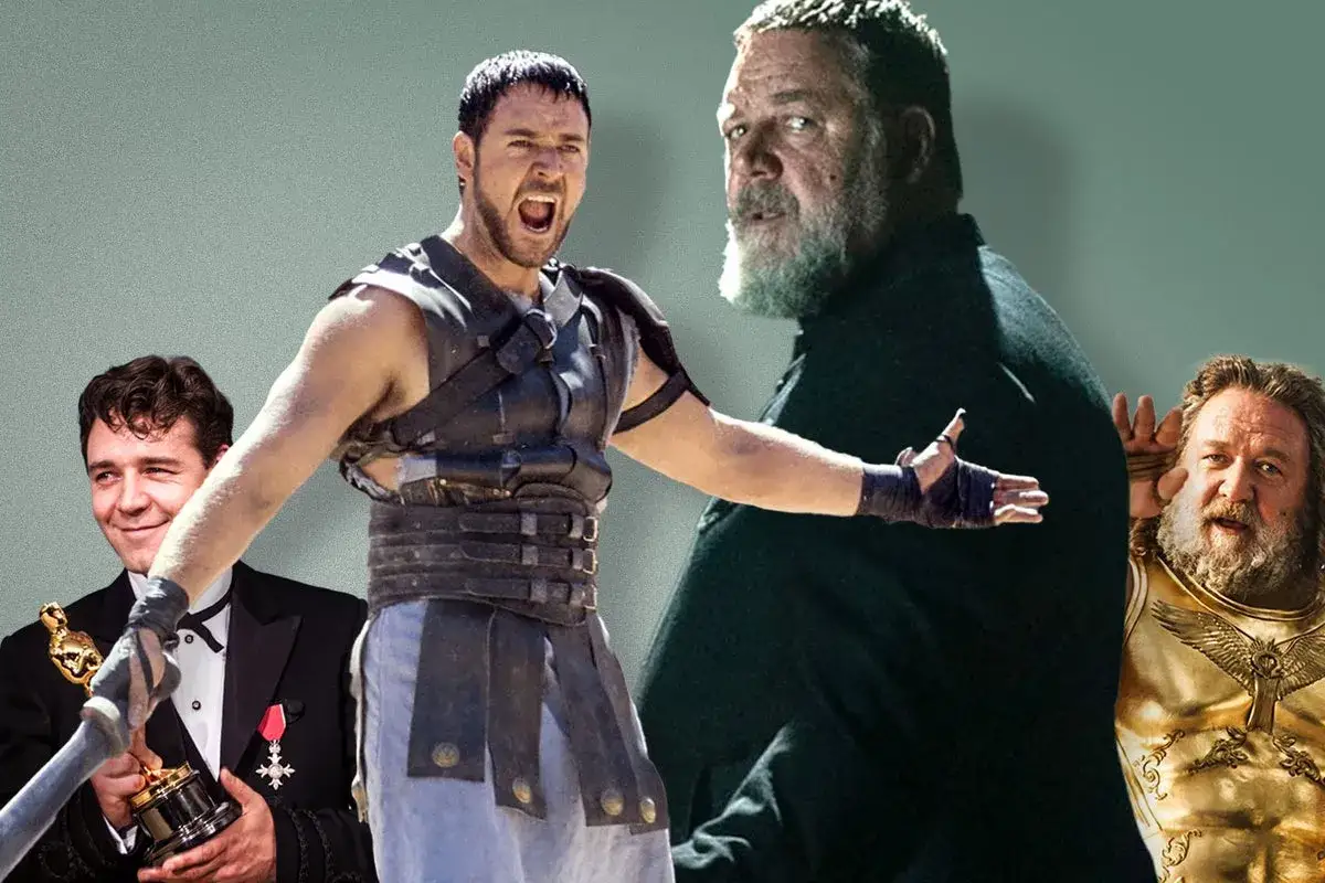 Russell Crowe i olika roller från sina filmer. Här ser vi honom som gladiator, med en Oscarstatyett och i en mörkare roll.