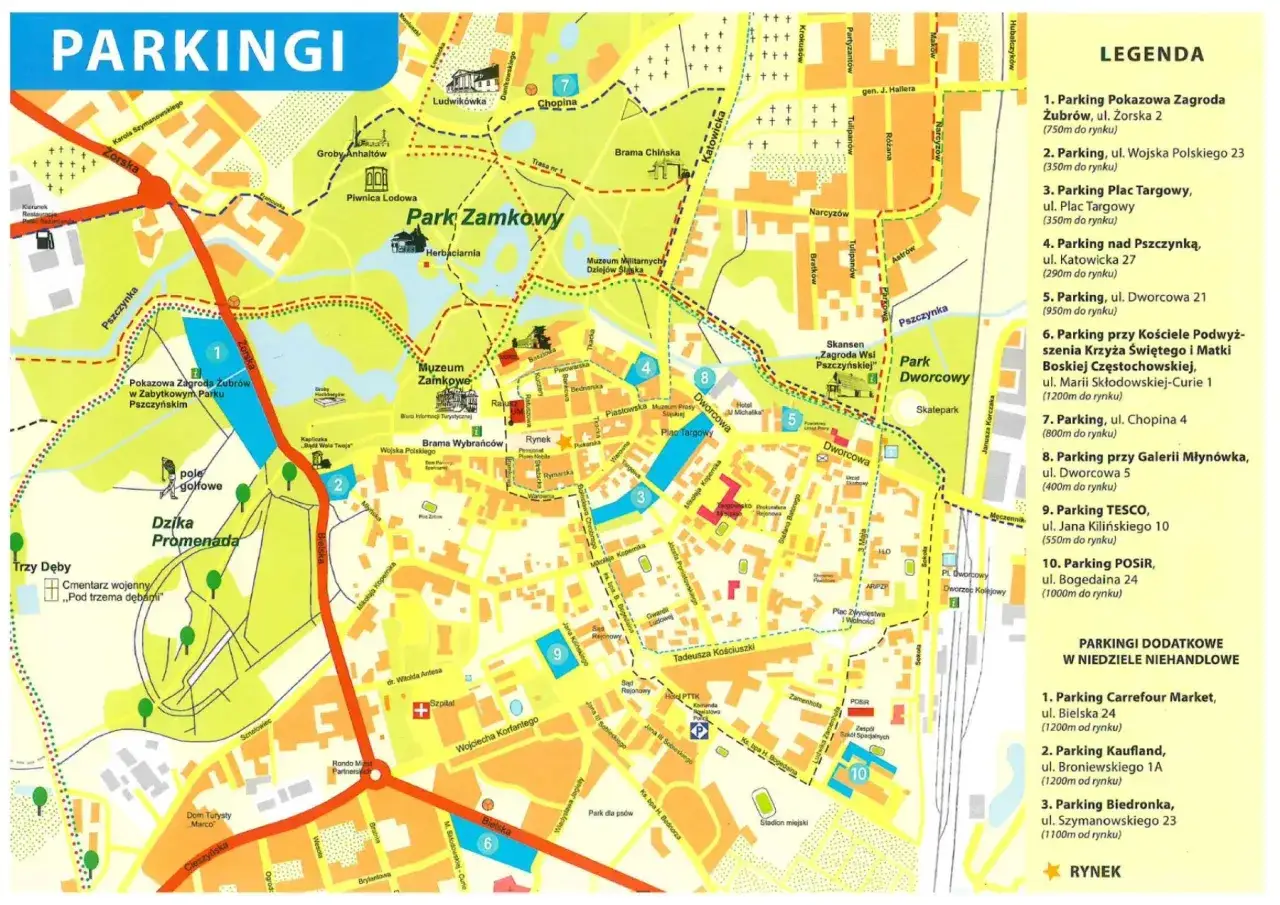 Mapa Pszczyny z zaznaczonymi parkingami i trasami. Znajdziesz tu parkingi przy Zagrodzie Żubrów, Rynku i nad Pszczynką.