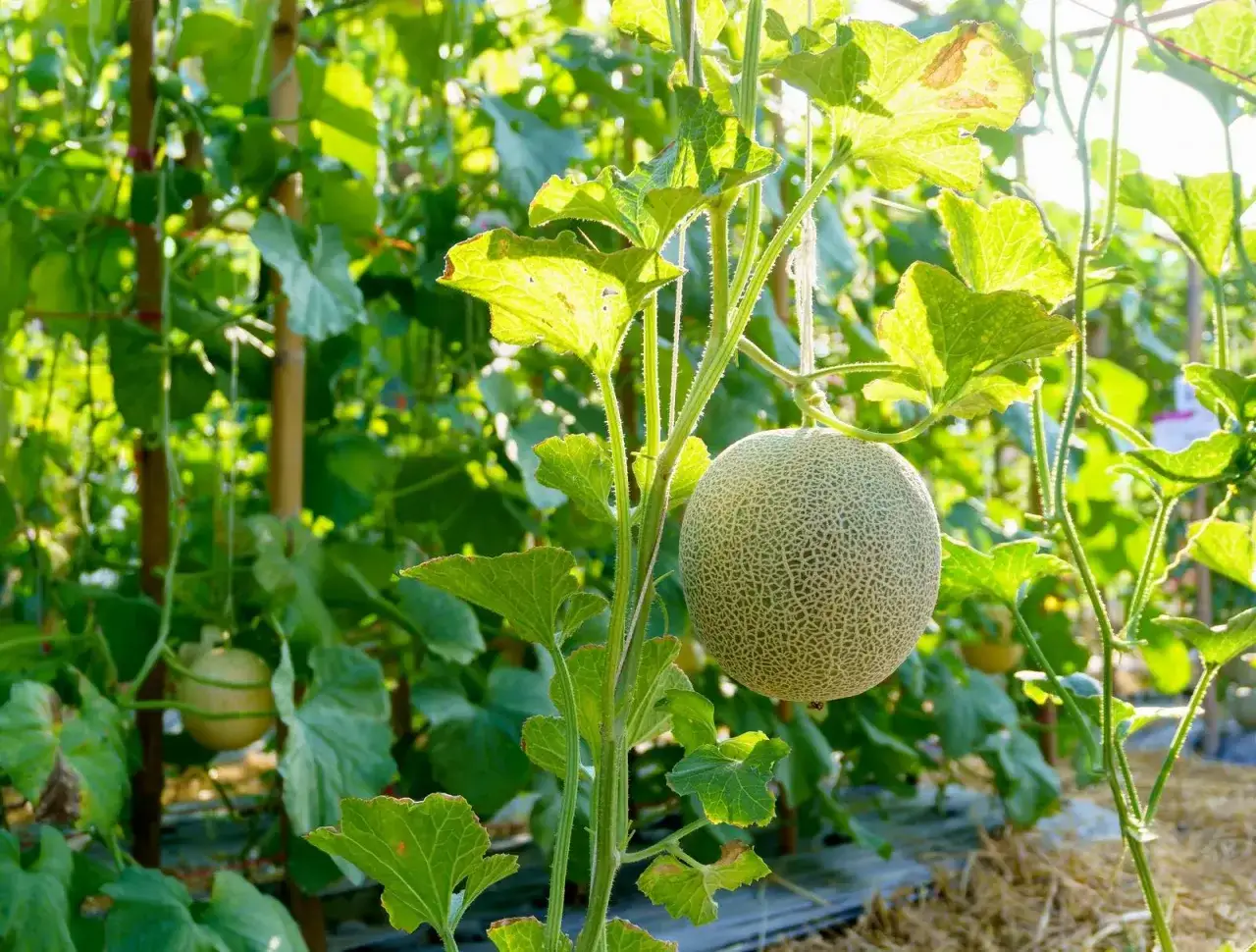 Un melone giallo maturo pende da una pianta rigogliosa, segno che è il periodo giusto per raccoglierlo.