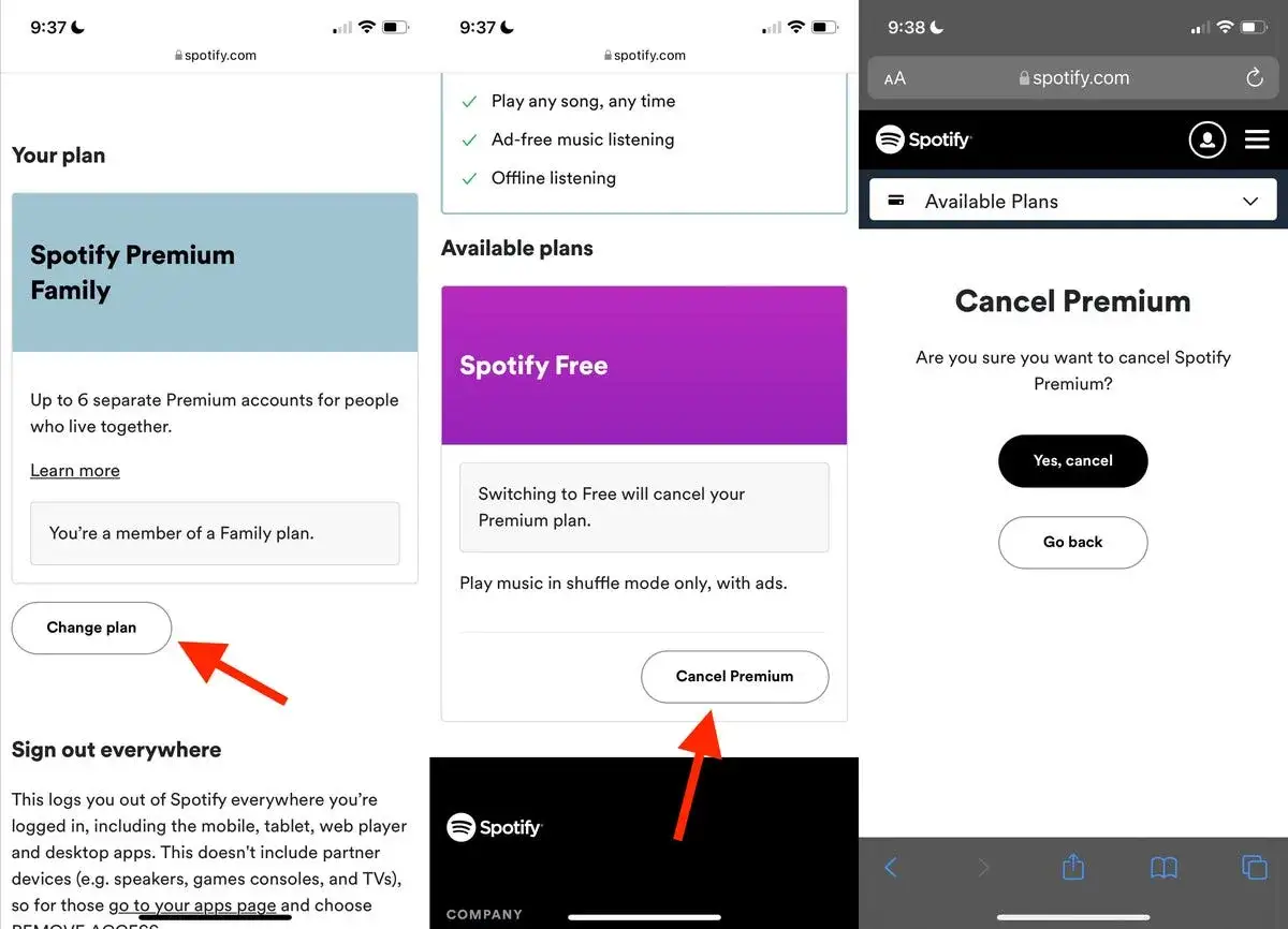 Ekran pokazuje, jak usunąć konto na Spotify. Kliknij 
