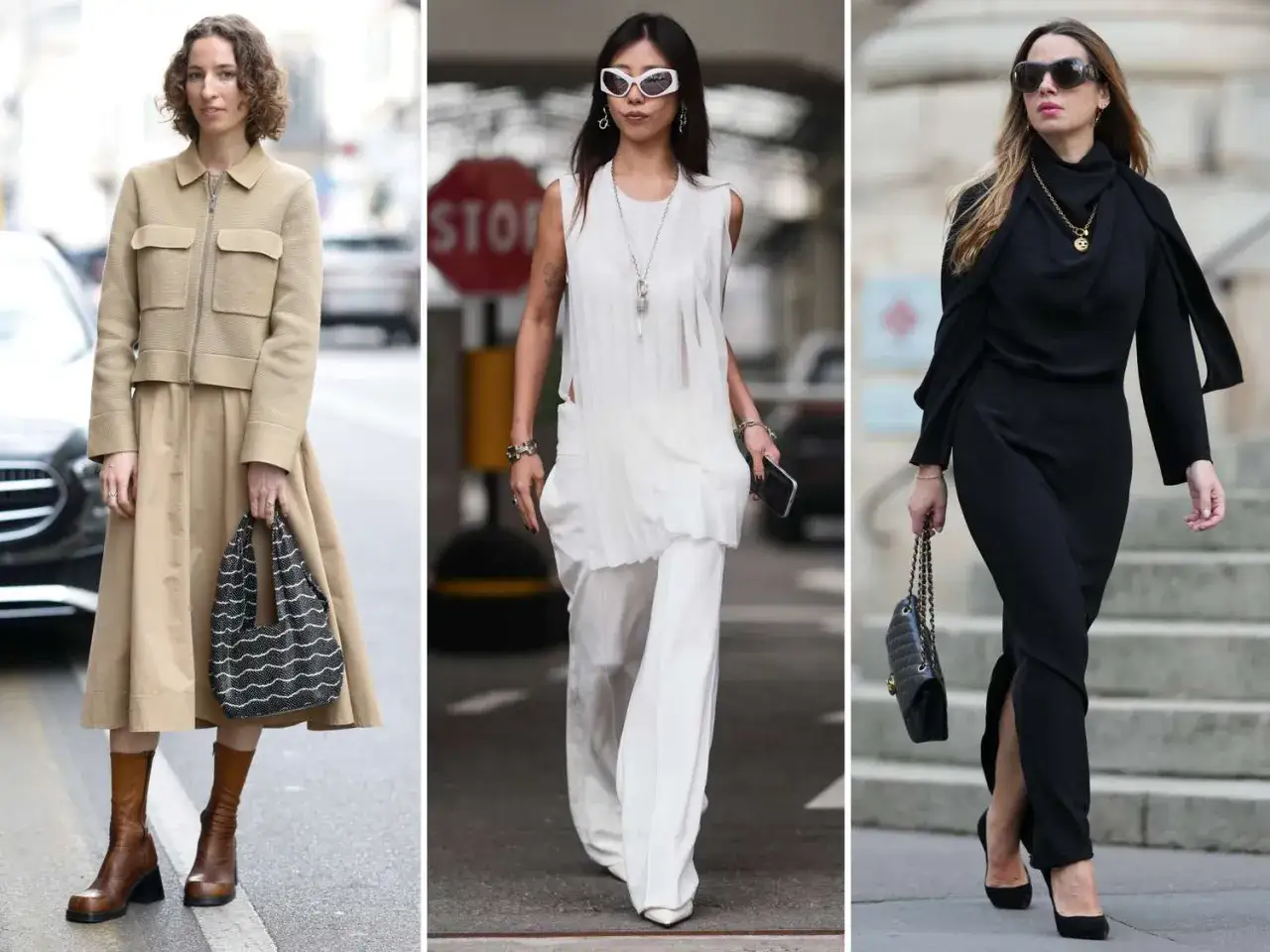 Drei Frauen pr&auml;sentieren zeitlose Kleidung: beige Midikleid mit Jacke, wei&szlig;er Hosenanzug und elegantes schwarzes Outfit.