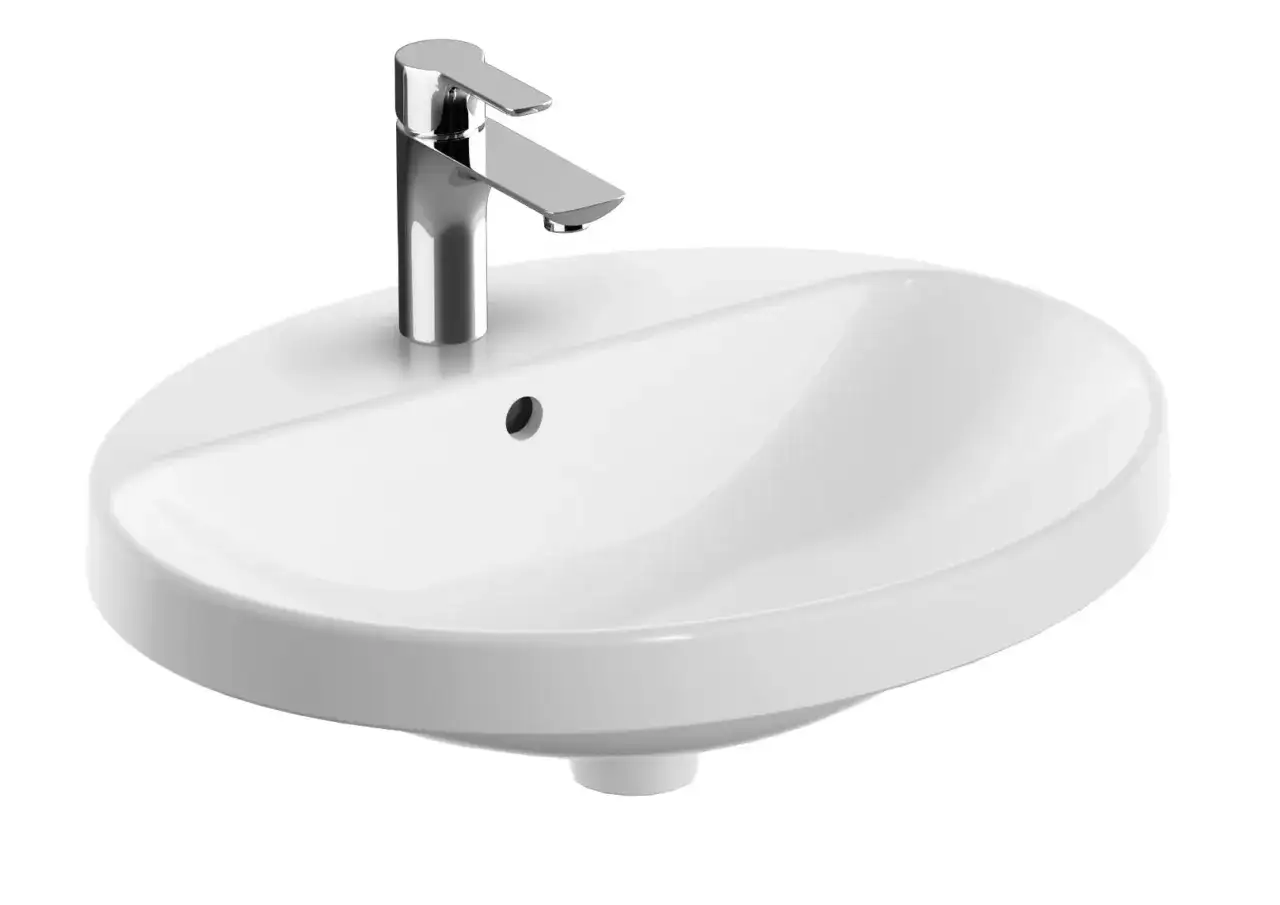 Elegancka, biała umywalka wpuszczana w blat 60x40 z chromowaną baterią.