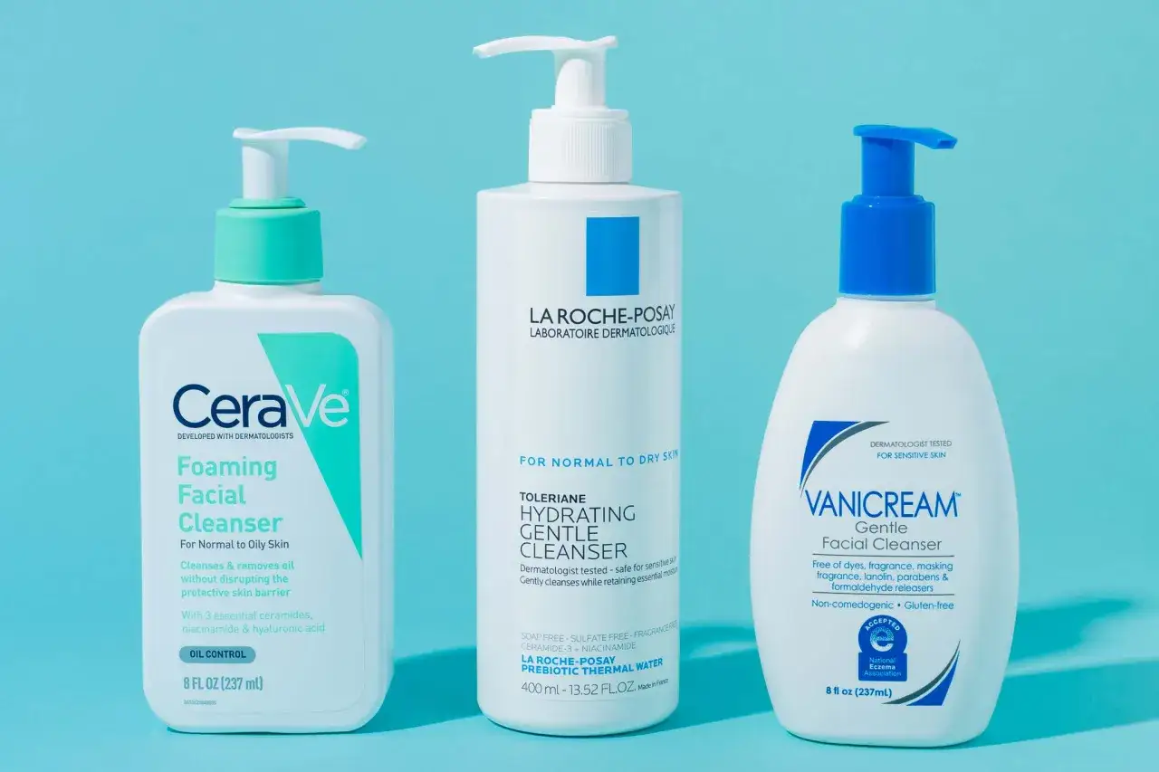 Tres limpiadores faciales: CeraVe, La Roche-Posay y Vanicream. Ideal para el tratamiento de la dermatitis perioral.
