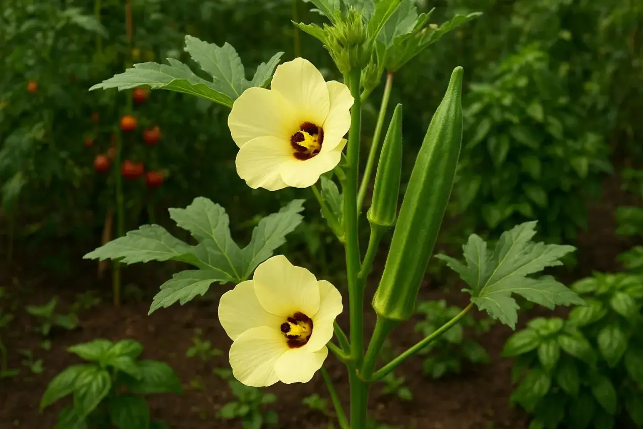 Fiori gialli e baccelli verdi di ocra verdura in un orto rigoglioso.