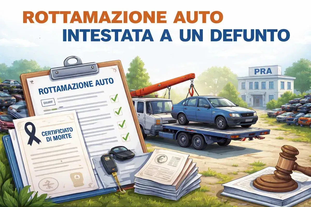 Documenti per la successione auto defunto: certificato di morte, rottamazione auto e un'auto su un carro attrezzi davanti al PRA.