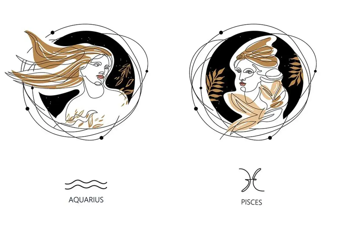 Ilustracje zodiakalnych Wodnika i Ryb. Wodnik z rozwianymi włosami, Ryby z ozdobną fryzurą. Przepowiednia dla Wodnika zapowiada zmiany.