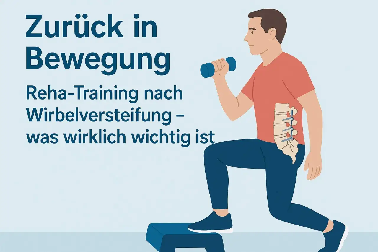Mann macht Reha-Training mit Hantel und Step-Aerobic. Illustration zeigt Wirbelsäule mit Schrauben, die für beweglichkeit nach LWS-Versteifung wichtig ist.