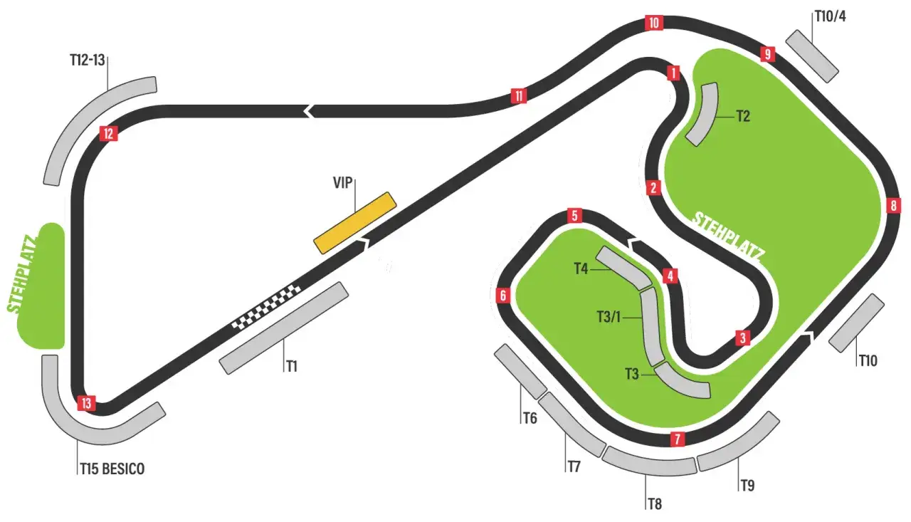 Mapa del circuito de Sachsenring, sede del **horario MotoGP Alemania**. Muestra las curvas numeradas y las zonas de gradas.