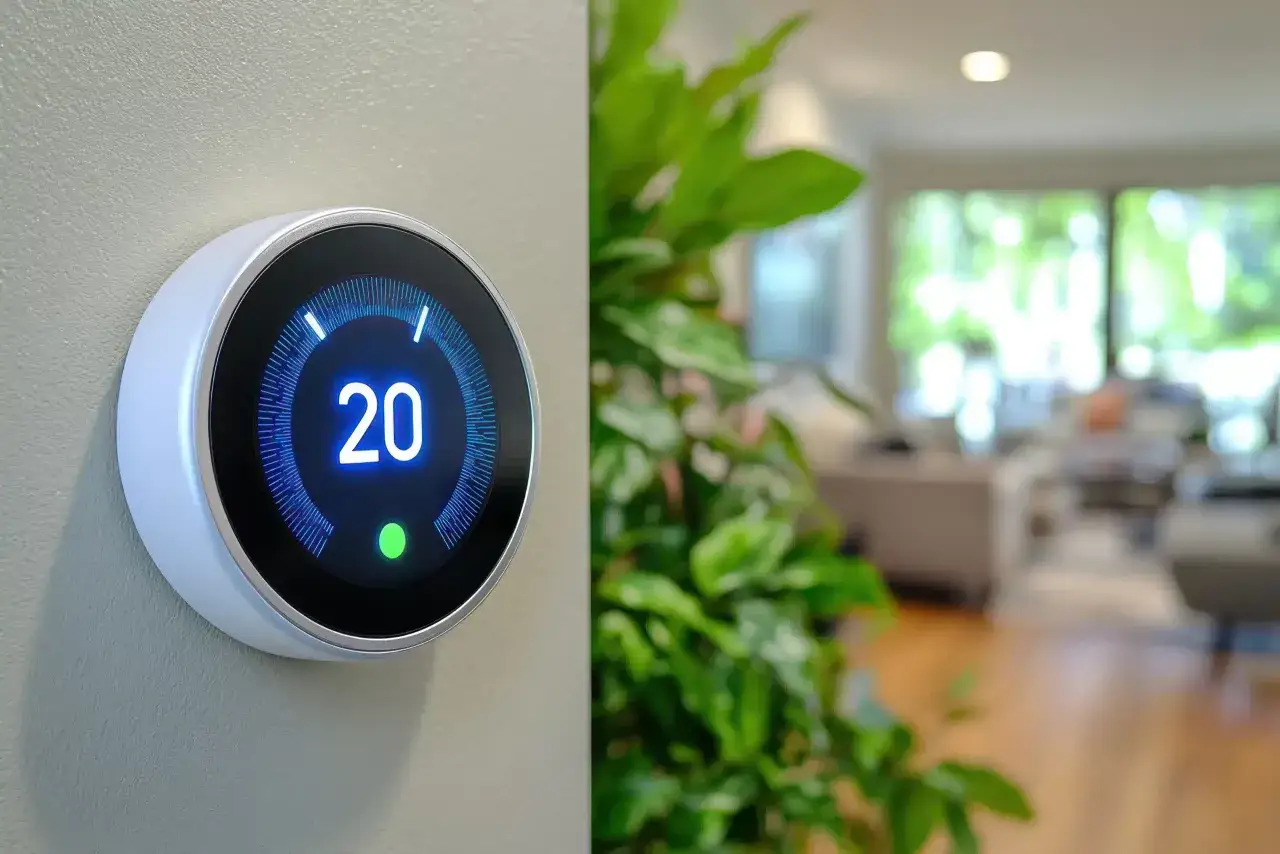 Thermostat intelligent affichant 20°C, exemple de domotique pour un confort optimal.
