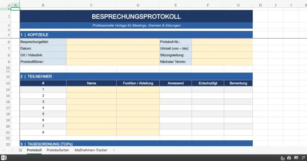 Vorlage zur Erstellung eines Besprechungsprotokolls mit Feldern für Titel, Datum, Teilnehmer und Tagesordnung.