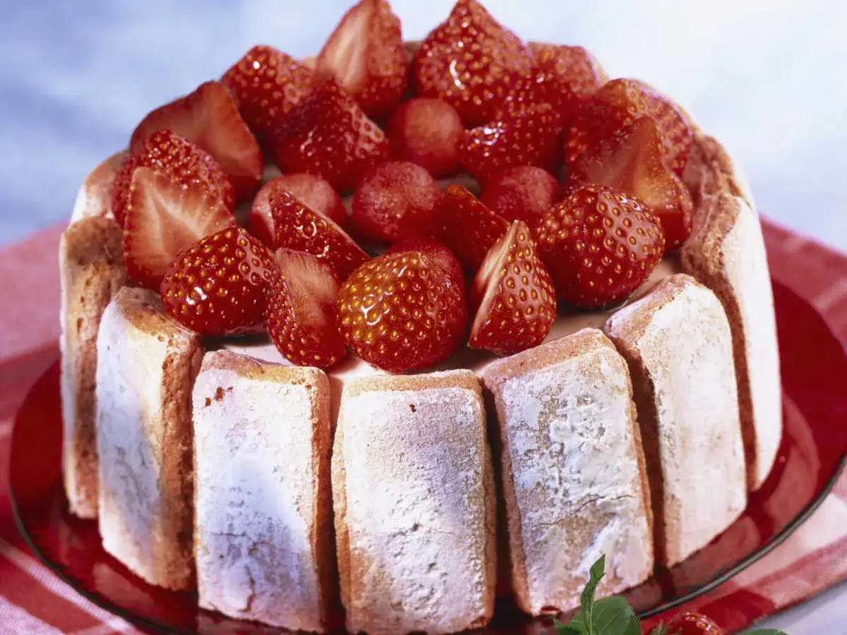 Charlotte aux fraises sans gélatine, un délice léger et fruité, orné de fraises fraîches et de biscuits à la cuillère.