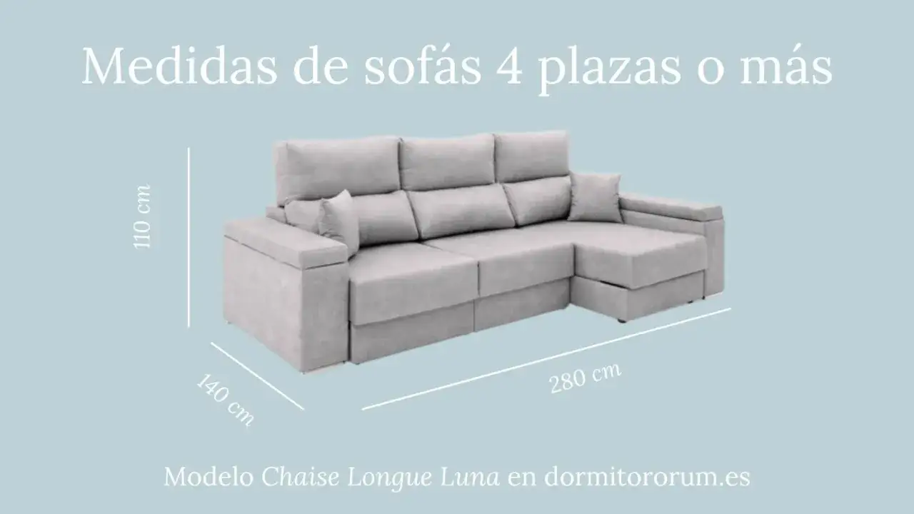 Sofá chaise longue gris de 4 plazas, mide 280 cm de largo. Ideal para tu salón.