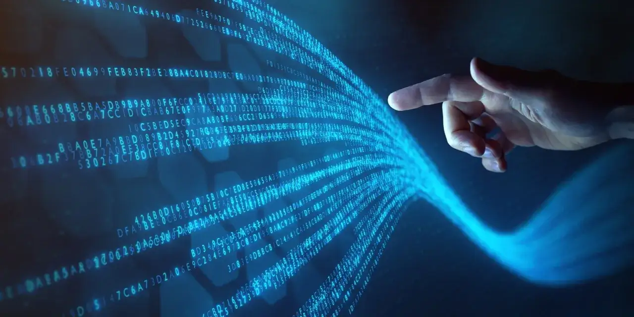 A hand interacts with a glowing blue stream of data, representing a network virtualization platform.